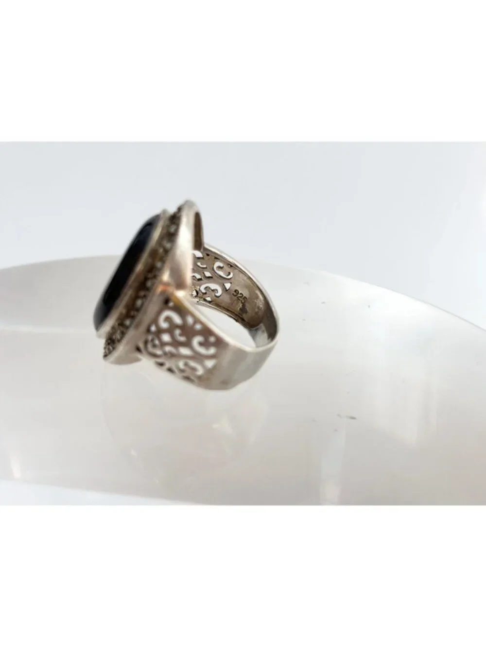 Black Onyx & Marcasite Art Deco Cutout Sterling Silver 925 Vintage Ring - sz 8